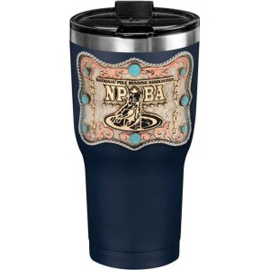 A custom tumbler made of stainless steel with a personalized engraved name and NPBA logo decoration with turquoise stones, 30 oz, ideal for coffee or cool drinks